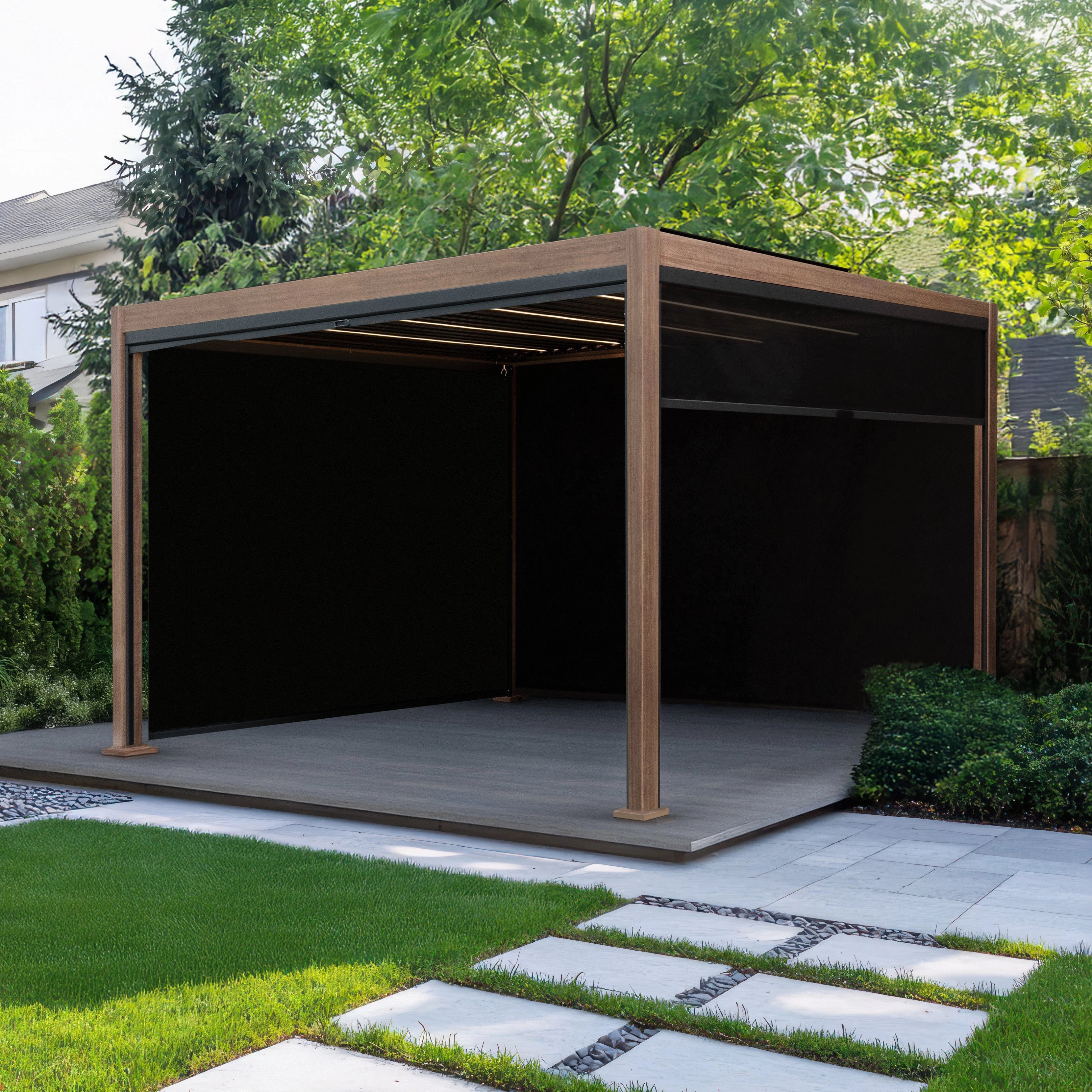 Wood Effect Aluminium Pergola With Blinds & LED Lights - 4m x 3m