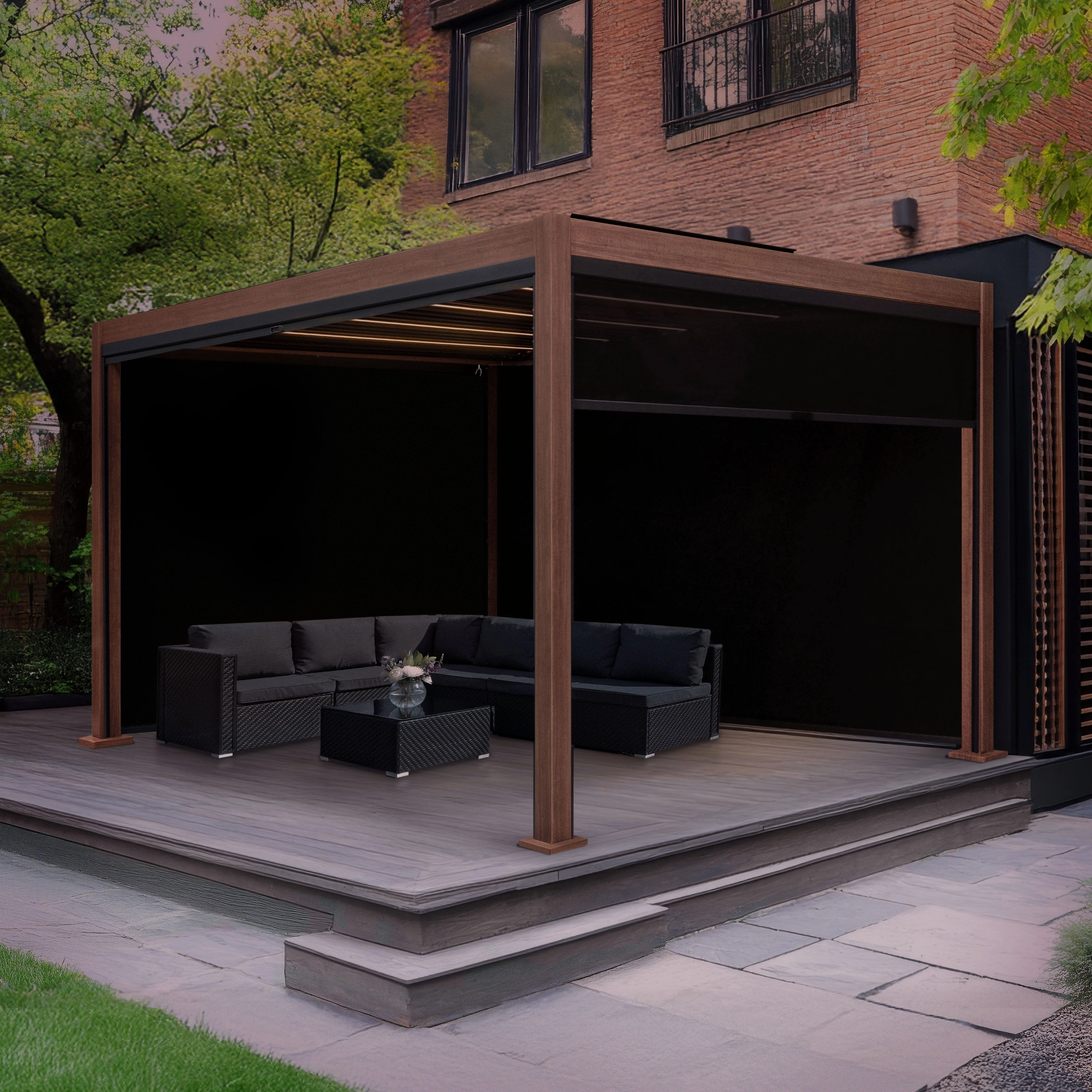 Wood Effect Aluminium Pergola With Blinds & LED Lights - 4m x 3m