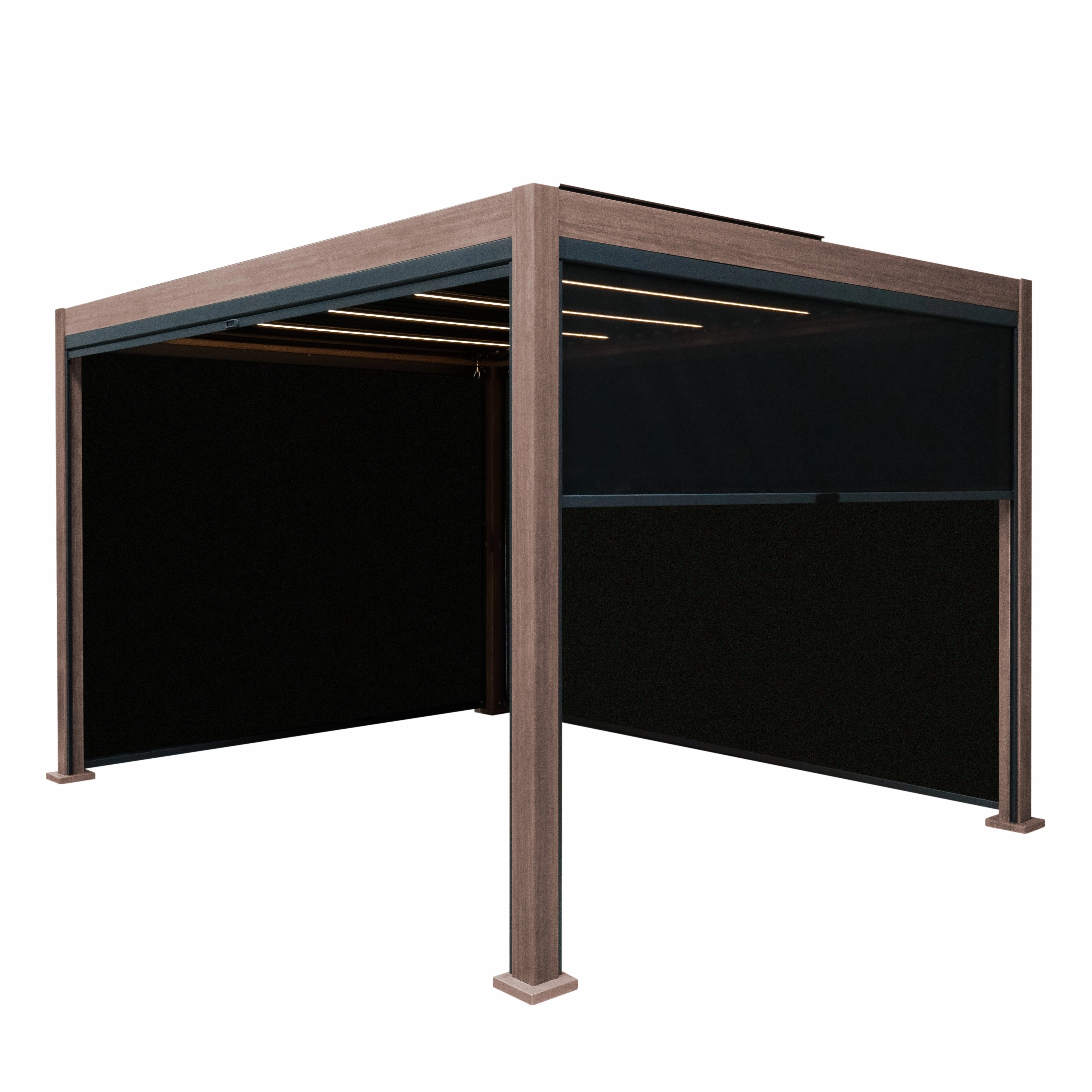 Wood Effect Aluminium Pergola With Blinds & LED Lights - 4m x 3moutdoor patio furniture set