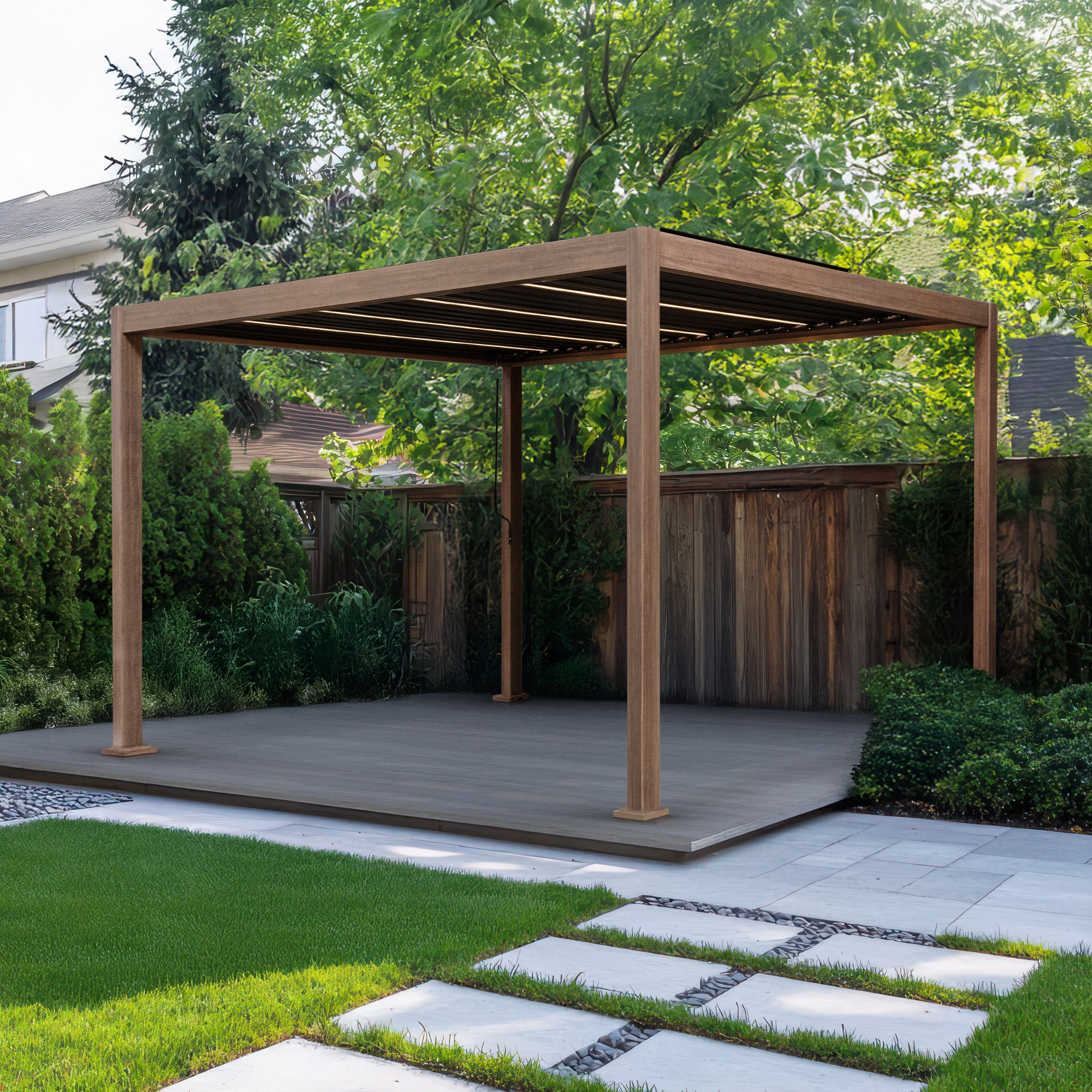 Wood Effect Aluminium Pergola with LED Lights - 3m x 3m