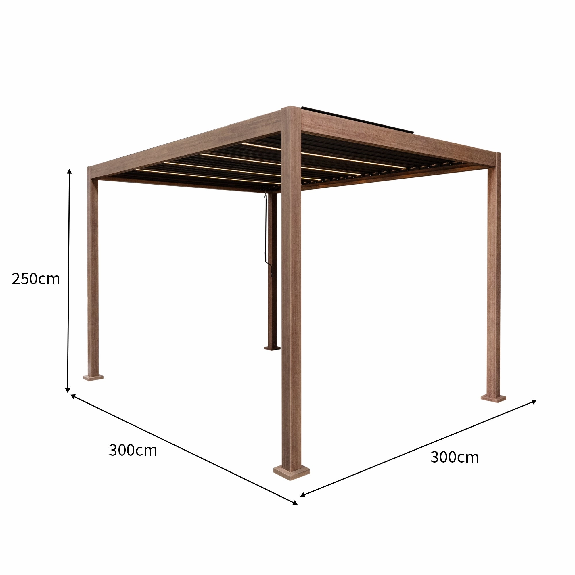 Wood Effect Aluminium Pergola with LED Lights - 3m x 3m