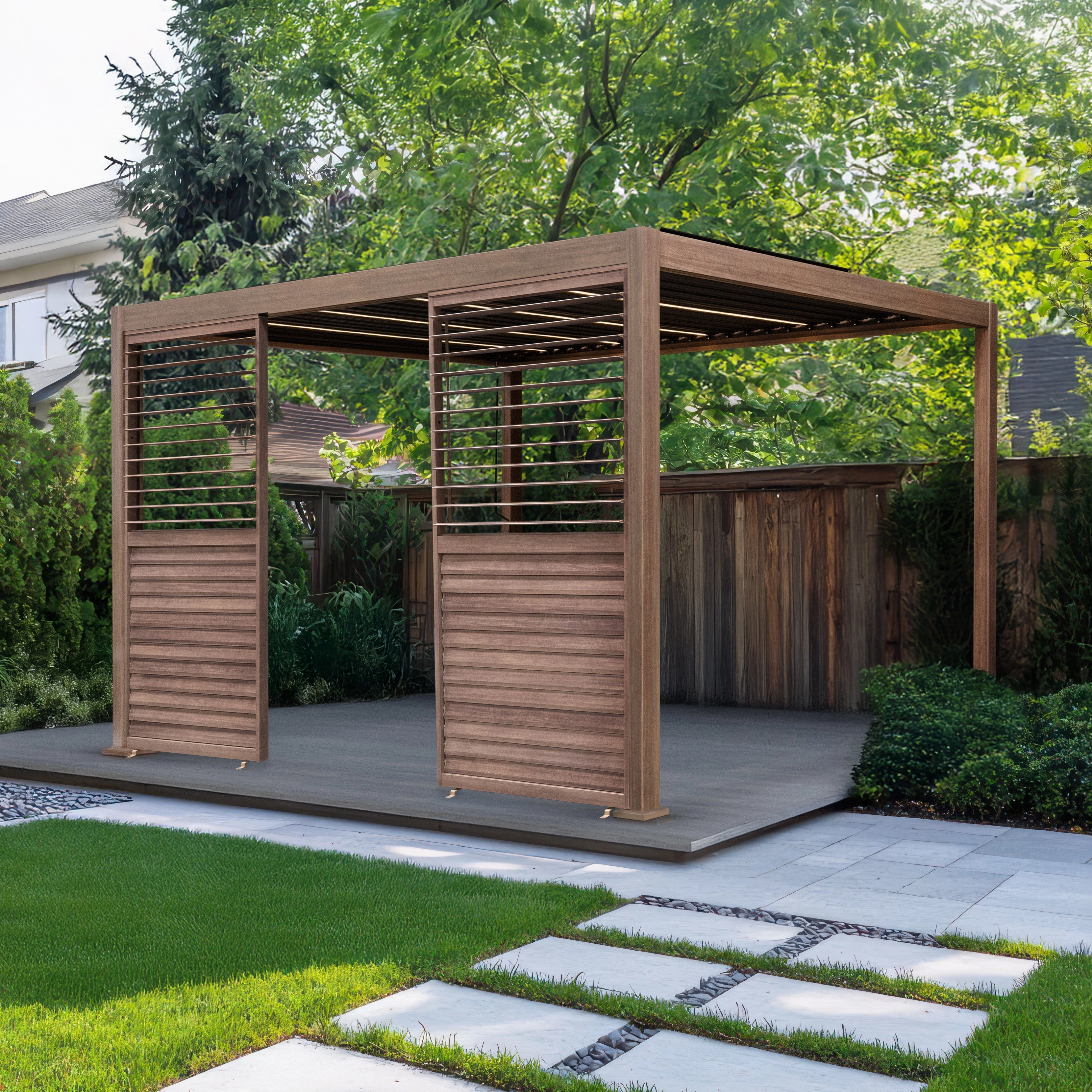 Wood Effect Aluminium Pergola With LED Lights & 2 x Side Panels - 4m x 3m