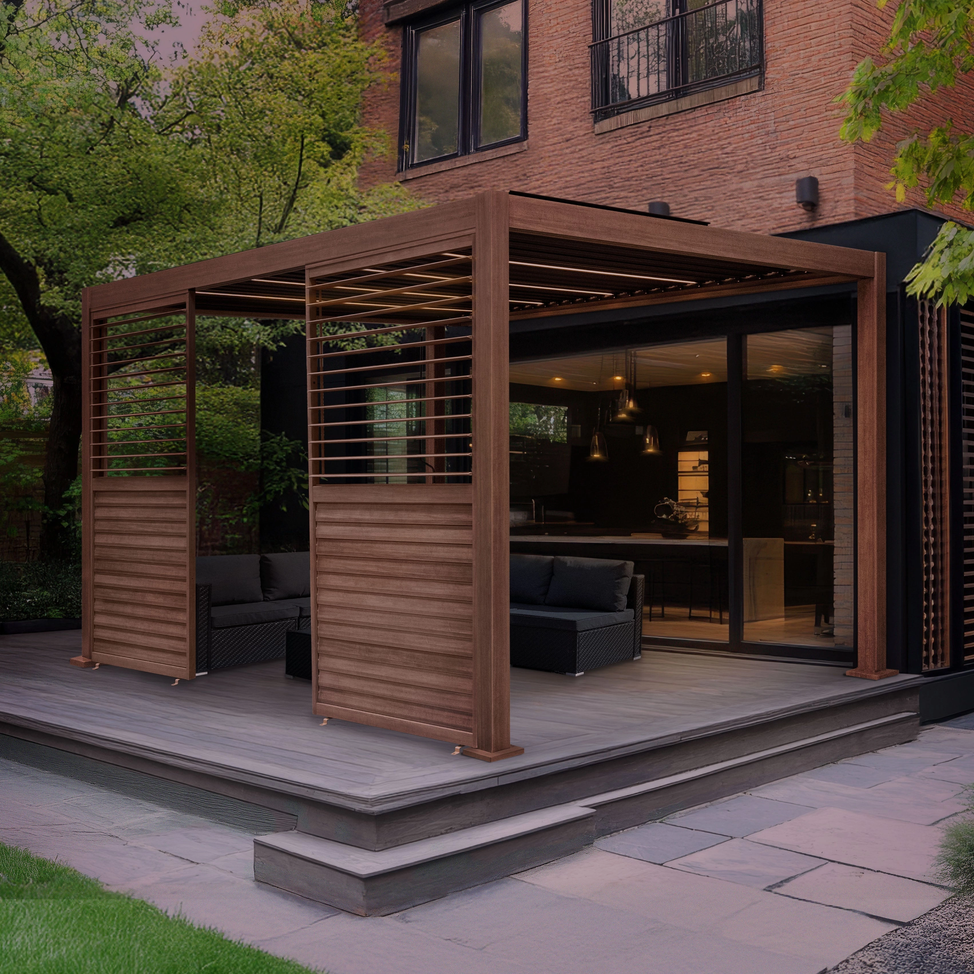 Wood Effect Aluminium Pergola With LED Lights & 2 x Side Panels - 4m x 3m