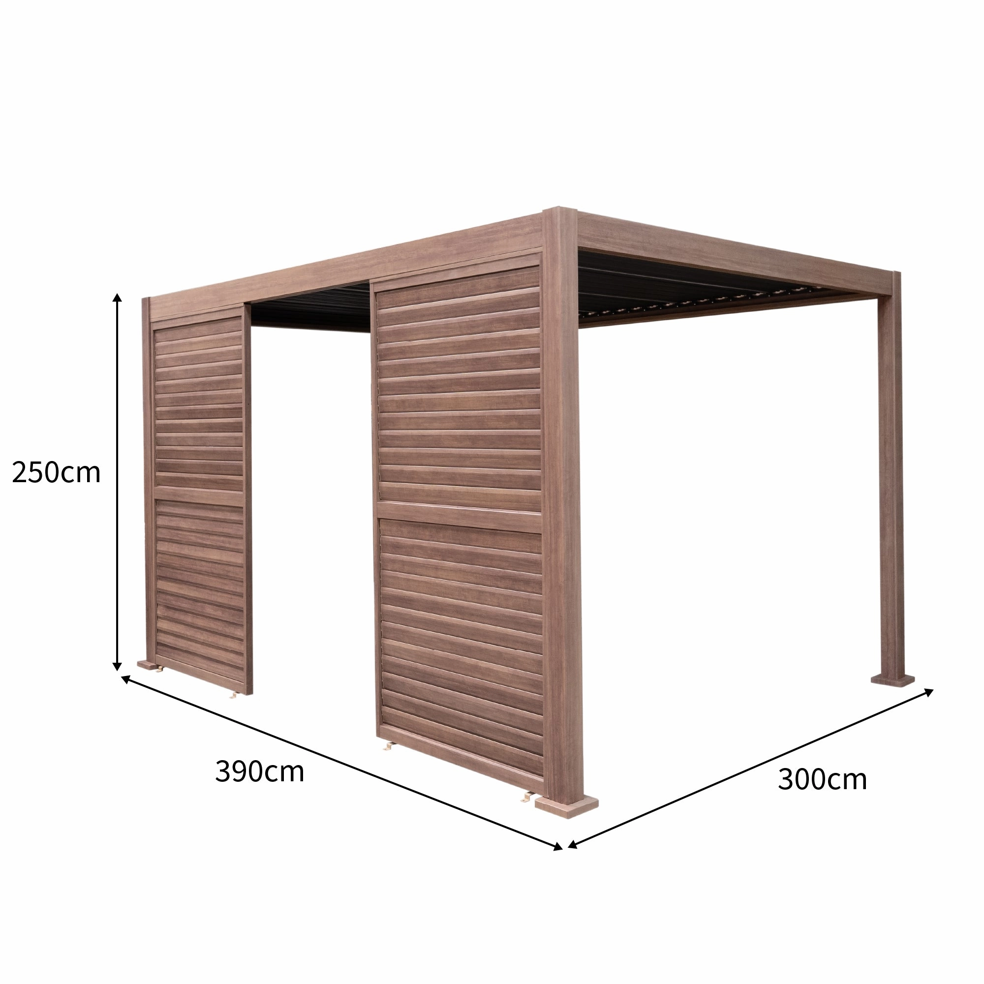 Wood Effect Aluminium Pergola With LED Lights & 2 x Side Panels - 4m x 3m